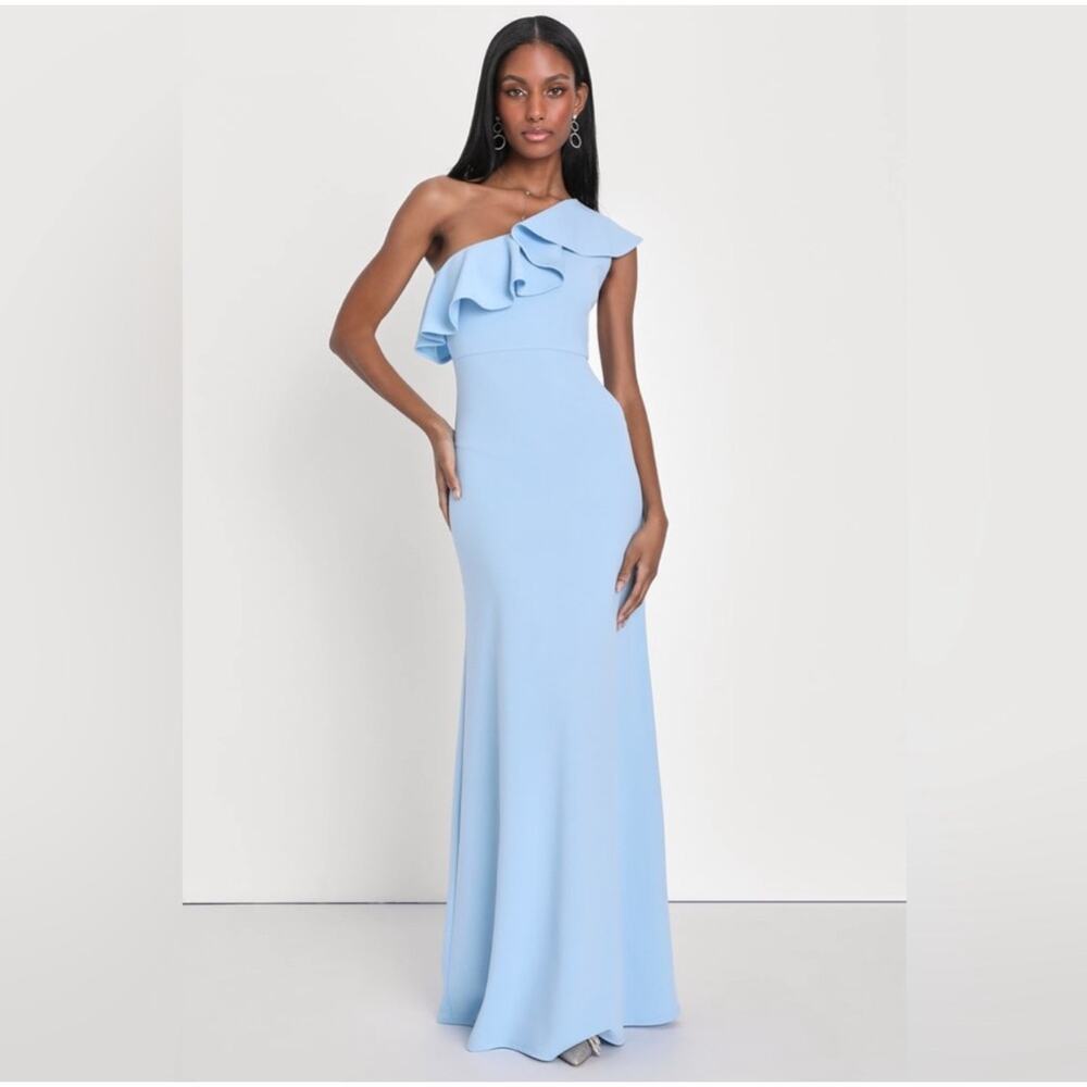 NWT Lulus Last Forever Maxi‎ Dress Powder Blue One Shoulder Ruffle Size Large